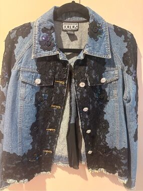 beek Blue Denim Jacket with Black Lace, Sequin & Crystal Buttons